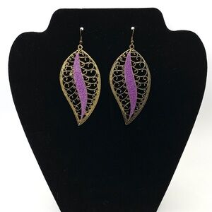 Goldtone Scrollwork Lavender Long Dangle Earrings